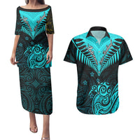 Personalised Aotearoa Couples Matching Puletasi Dress and Hawaiian Shirt Maori Kiwi Turquoise Fern LT01 Turquoise - Polynesian Pride