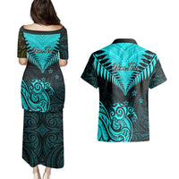 Personalised Aotearoa Couples Matching Puletasi Dress and Hawaiian Shirt Maori Kiwi Turquoise Fern LT01 - Polynesian Pride