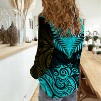 Personalised Aotearoa Women Casual Shirt Maori Kiwi Turquoise Fern LT01 - Polynesian Pride