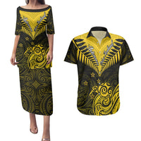 Personalised Aotearoa Couples Matching Puletasi Dress and Hawaiian Shirt Maori Kiwi Yellow Fern LT01 Yellow - Polynesian Pride