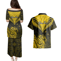 Personalised Aotearoa Couples Matching Puletasi Dress and Hawaiian Shirt Maori Kiwi Yellow Fern LT01 - Polynesian Pride
