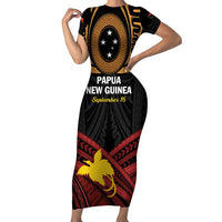 Papua New Guinea Bird of Paradise Short Sleeve Bodycon Dress 16 September 1975 Independence Day Anniversary LT01 Long Dress Black - Polynesian Pride