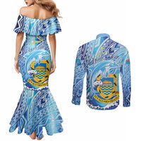 Tuvalu mo te Atua Couples Matching Mermaid Dress and Long Sleeve Button Shirt Tuvalu Dolphin Polynesian Pattern LT01 - Polynesian Pride