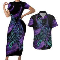 In September We Wear Teal And Purple Couples Matching Short Sleeve Bodycon Dress and Hawaiian Shirt Magic Ribbon Semicolon LT01 Purple - Polynesian Pride