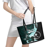 Chuuk Constitution Day Leather Tote Bag Hibiscus Turquoise Pattern LT01 - Polynesian Pride