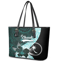 Chuuk Constitution Day Leather Tote Bag Hibiscus Turquoise Pattern LT01 - Polynesian Pride