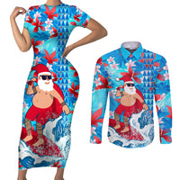 Hawaii Christmas Couples Matching Short Sleeve Bodycon Dress and Long Sleeve Button Shirt Santa Claus Surfing Kakau Tropical Style LT01 Blue - Polynesian Pride