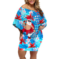 Hawaii Christmas Family Matching Off Shoulder Short Dress and Hawaiian Shirt Santa Claus Surfing Kakau Tropical Style LT01 Mom's Dress Blue - Polynesian Pride