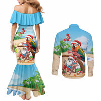 Personalized Hawaii Santa Parrot Christmas Couples Matching Mermaid Dress and Long Sleeve Button Shirt Summer Vibe LT01 - Polynesian Pride