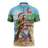 Personalized Hawaii Santa Parrot Christmas Zipper Polo Shirt Summer Vibe - Polynesian Pride