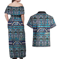 Maori Matariki Couples Matching Off Shoulder Maxi Dress and Hawaiian Shirt Blue Galaxy Aesthetic Koru Art