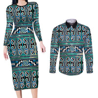 Maori Matariki Couples Matching Long Sleeve Bodycon Dress and Long Sleeve Button Shirt Green Galaxy Aesthetic Koru Art
