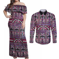 Maori Matariki Couples Matching Off Shoulder Maxi Dress and Long Sleeve Button Shirt Pink Galaxy Aesthetic Koru Art