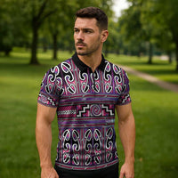 Maori Matariki Zipper Polo Shirt Pink Galaxy Aesthetic Koru Art