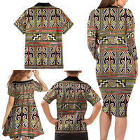 Maori Matariki Family Matching Long Sleeve Bodycon Dress and Hawaiian Shirt Yellow Galaxy Aesthetic Koru Art LT01 - Polynesian Pride