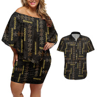 Hawaii Brown Plumeria Lei Black Couples Matching Off Shoulder Short Dress and Hawaiian Shirt Frangipani Floral Heritage Art LT01 Black - Polynesian Pride