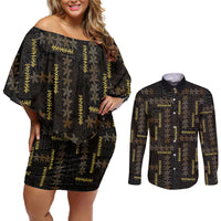 Hawaii Brown Plumeria Lei Black Couples Matching Off Shoulder Short Dress and Long Sleeve Button Shirt Frangipani Floral Heritage Art LT01 Black - Polynesian Pride