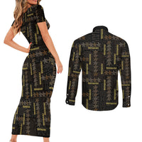 Hawaii Brown Plumeria Lei Black Couples Matching Short Sleeve Bodycon Dress and Long Sleeve Button Shirt Frangipani Floral Heritage Art LT01 - Polynesian Pride