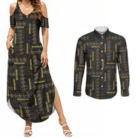 Hawaii Brown Plumeria Lei Black Couples Matching Summer Maxi Dress and Long Sleeve Button Shirt Frangipani Floral Heritage Art LT01 Black - Polynesian Pride