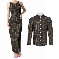 Hawaii Brown Plumeria Lei Black Couples Matching Tank Maxi Dress and Long Sleeve Button Shirt Frangipani Floral Heritage Art LT01 Black - Polynesian Pride