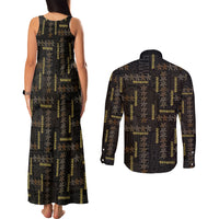 Hawaii Brown Plumeria Lei Black Couples Matching Tank Maxi Dress and Long Sleeve Button Shirt Frangipani Floral Heritage Art LT01 - Polynesian Pride