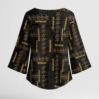 Hawaii Brown Plumeria Lei Black Kimono Sleeve Blouse Frangipani Floral Heritage Art
