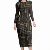 Hawaii Brown Plumeria Lei Black Long Sleeve Bodycon Dress Frangipani Floral Heritage Art LT01 Long Dress Black - Polynesian Pride
