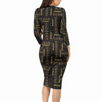 Hawaii Brown Plumeria Lei Black Long Sleeve Bodycon Dress Frangipani Floral Heritage Art LT01 - Polynesian Pride