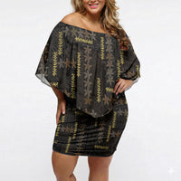 Hawaii Brown Plumeria Lei Black Off Shoulder Short Dress Frangipani Floral Heritage Art LT01 Women Black - Polynesian Pride
