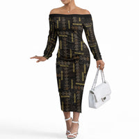 Hawaii Brown Plumeria Lei Black Off The Shoulder Long Sleeve Dress Frangipani Floral Heritage Art LT01 Women Black - Polynesian Pride