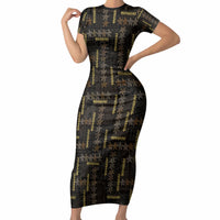 Hawaii Brown Plumeria Lei Black Short Sleeve Bodycon Dress Frangipani Floral Heritage Art LT01 Long Dress Black - Polynesian Pride
