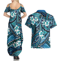 Polynesian Hibiscus Tropical Blue Floral Couples Matching Summer Maxi Dress and Hawaiian Shirt Tribal Pattern LT01 - Polynesian Pride