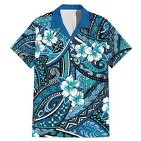 Polynesian Hibiscus Tropical Blue Floral Family Matching Mermaid Dress and Hawaiian Shirt Tribal Pattern LT01 Dad's Shirt - Short Sleeve Blue - Polynesian Pride