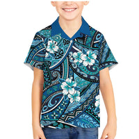 Polynesian Hibiscus Tropical Blue Floral Family Matching Mermaid Dress and Hawaiian Shirt Tribal Pattern LT01 Son's Shirt Blue - Polynesian Pride