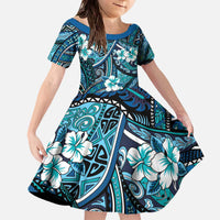 Polynesian Hibiscus Tropical Blue Floral Family Matching Off The Shoulder Long Sleeve Dress and Hawaiian Shirt Tribal Pattern LT01 Daughter's Dress Blue - Polynesian Pride