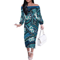 Polynesian Hibiscus Tropical Blue Floral Off The Shoulder Long Sleeve Dress Tribal Pattern LT01 Women Blue - Polynesian Pride