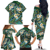 Polynesian Hibiscus Tropical Green Floral Family Matching Off The Shoulder Long Sleeve Dress and Hawaiian Shirt Tribal Pattern LT01 - Polynesian Pride