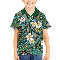 Polynesian Hibiscus Tropical Green Floral Family Matching Off The Shoulder Long Sleeve Dress and Hawaiian Shirt Tribal Pattern LT01 Son's Shirt Green - Polynesian Pride