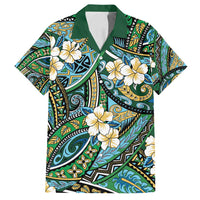 Polynesian Hibiscus Tropical Green Floral Family Matching Off Shoulder Short Dress and Hawaiian Shirt Tribal Pattern LT01 Dad's Shirt - Short Sleeve Green - Polynesian Pride