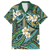 Polynesian Hibiscus Tropical Green Floral Family Matching Short Sleeve Bodycon Dress and Hawaiian Shirt Tribal Pattern LT01 Dad's Shirt - Short Sleeve Green - Polynesian Pride