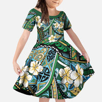 Polynesian Hibiscus Tropical Green Floral Family Matching Summer Maxi Dress and Hawaiian Shirt Tribal Pattern LT01 Daughter's Dress Green - Polynesian Pride