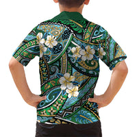 Polynesian Hibiscus Tropical Green Floral Kid Hawaiian Shirt Tribal Pattern - Polynesian Pride