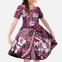 Polynesian Hibiscus Tropical Pink Floral Family Matching Off The Shoulder Long Sleeve Dress and Hawaiian Shirt Tribal Pattern LT01 Daughter's Dress Pink - Polynesian Pride
