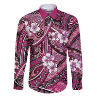 Polynesian Hibiscus Tropical Pink Floral Family Matching Off The Shoulder Long Sleeve Dress and Hawaiian Shirt Tribal Pattern LT01 Dad's Shirt - Long Sleeve Pink - Polynesian Pride