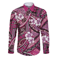 Polynesian Hibiscus Tropical Pink Floral Family Matching Off Shoulder Maxi Dress and Hawaiian Shirt Tribal Pattern - Polynesian Pride
