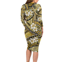 Polynesian Hibiscus Tropical Yellow Floral Family Matching Long Sleeve Bodycon Dress and Hawaiian Shirt Tribal Pattern LT01 - Polynesian Pride