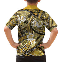 Polynesian Hibiscus Tropical Yellow Floral Family Matching Off The Shoulder Long Sleeve Dress and Hawaiian Shirt Tribal Pattern LT01 - Polynesian Pride
