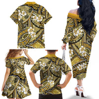 Polynesian Hibiscus Tropical Yellow Floral Family Matching Off The Shoulder Long Sleeve Dress and Hawaiian Shirt Tribal Pattern LT01 - Polynesian Pride