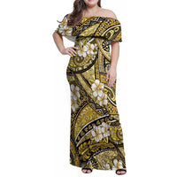 Polynesian Hibiscus Tropical Yellow Floral Family Matching Off Shoulder Maxi Dress and Hawaiian Shirt Tribal Pattern LT01 Mom's Dress Yellow - Polynesian Pride