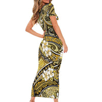 Polynesian Hibiscus Tropical Yellow Floral Family Matching Short Sleeve Bodycon Dress and Hawaiian Shirt Tribal Pattern LT01 - Polynesian Pride